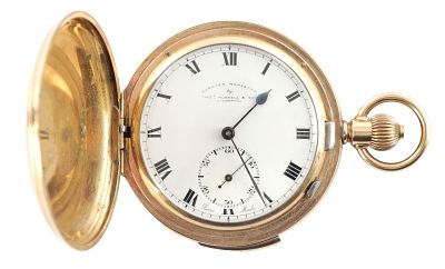 THOMAS RUSSELL & SON, LIVERPOOL. A GOLD PLATED FULL HUNTER QUARTER REPEATING POCKET WATCH. THOMAS