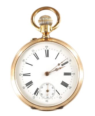 A 14CT GOLD OPEN FACED ANNUAL CALENDAR MOONPHASE POCKET WATCH, the engine turned case with