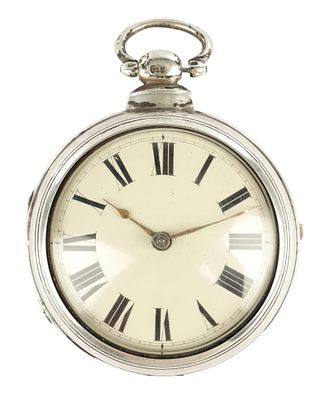 A MID 19TH CENTURY PAIR CASED SILVER POCKET WATCH, having a plain case with enamel Roman dial