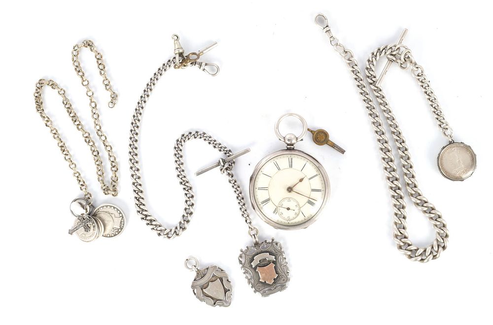 A SILVER OPEN FACED FUSEE POCKET WATCH WITH THREE WATCH CHAINS AND VARIOUS FOBS, the watch with 