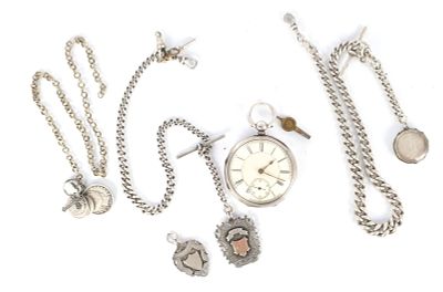 A SILVER OPEN FACED FUSEE POCKET WATCH WITH THREE WATCH CHAINS AND VARIOUS FOBS, the watch with