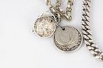 A SILVER OPEN FACED FUSEE POCKET WATCH WITH THREE WATCH CHAINS AND VARIOUS FOBS, the watch with Image - 4