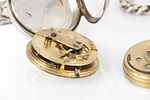 A SILVER OPEN FACED FUSEE POCKET WATCH WITH THREE WATCH CHAINS AND VARIOUS FOBS, the watch with Image - 9