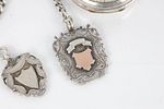 A SILVER OPEN FACED FUSEE POCKET WATCH WITH THREE WATCH CHAINS AND VARIOUS FOBS, the watch with Image - 11