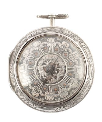 G. LEEKEY, LONDON. A GEORGE II SILVER REPOUSSE PAIR CASED POCKET WATCH, the outer case with
