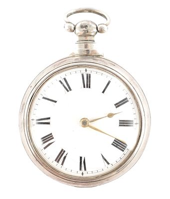 A. SELIG, PENZANCE. A GEORGE III SILVER PAIR CASED VERGE POCKET WATCH, the two plain silver