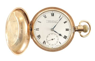 H. WHITE, MANCHESTER. A 9CT GOLD FULL HUNTER POCKET WATCH, the plain case with sprung front
