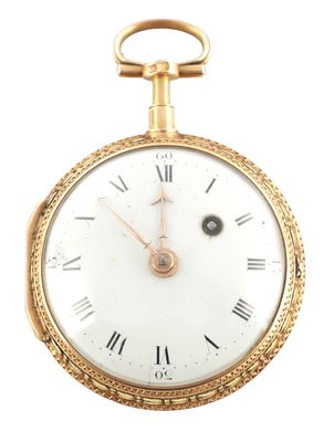 A LATE 18TH CENTURY FRENCH 18CT TWO-TONE GOLD AND ENAMEL VERGE POCKET WATCH, the rose gold case