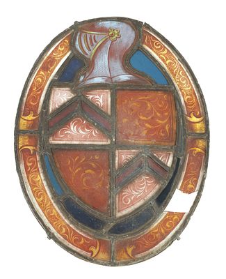 AN 18TH CENTURY ARMOURIAL STAINED GLASS WINDOW of oval form, having a blue, orange and purple 
