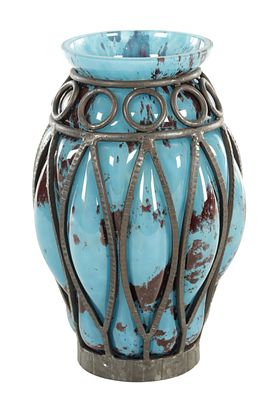 DAUM AND LOUIS MAJORELLE. A FRENCH ART DECO GLASS AND WROUGHT IRON VASE, having an Art Deco 