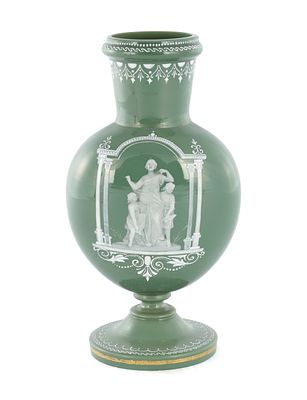 AN UNUSUAL LATE 19TH CENTURY GREEN GLASS AND OPAQUE ENAMEL DECORATED VASE with classical 