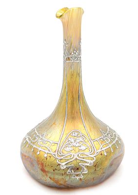 JOHANN LOETZ (1778 - 1844) AN EARLY 20TH CENTURY SILVER OVERLAY GLASS VASE IN PAPILLON DECOR 