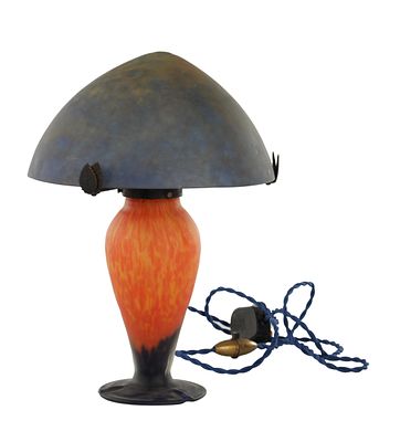 MULLER FRERES ART NOUVEAU GLASS LAMP with a dark blue and orange domed glass shade supported by 