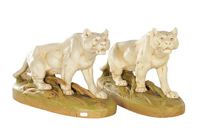 OTTO JARL (1865-1915). A COLLECTION OF TWO ART NOUVEAU LARGE PORCELAIN ROYAL DUX LIONESSES both 
