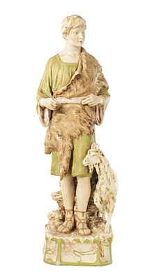 A LARGE 2OTH CENTURY ROYAL DUX PORCELAIN FIGURE of a young male shepherd wearing a green robe 