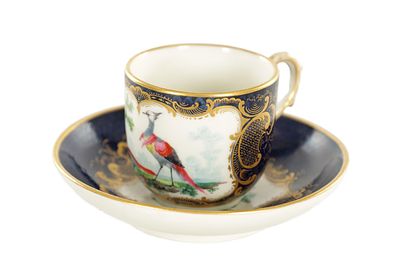 AN 18TH CENTURY FRENCH SEVRES PORCELAIN CUP AND SAUCER having a lapis blue ground with 