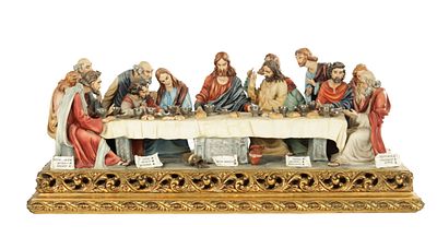 A 20TH CENTURY CAPODIMONTE POLYCHROME PORCELAIN GROUP OF THE LAST SUPPER depicting Christ and 