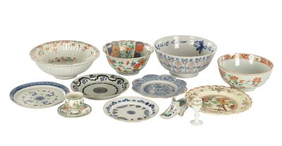 A COLLECTION OF 17TH CENTURY DELFTWARE, including two Chinese porcelain bowls. (Diameter 27cm 