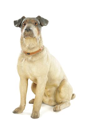 A LATE 19TH/EARLY 20TH CENTURY AUSTRIAN TERRACOTTA JACK RUSSELL with glass amber eyes - 