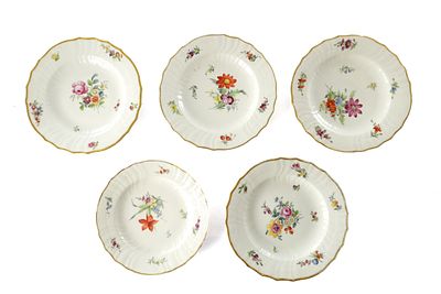 FIVE 19TH CENTURY PORCELAIN COPENHAGEN CABINET PLATES with hand-painted flowers and gilt 