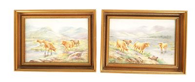 EDWARD TOWNSEND. A PAIR OF 20TH CENTURY FRAMED WORCESTER PLAQUES both depicting countryside 