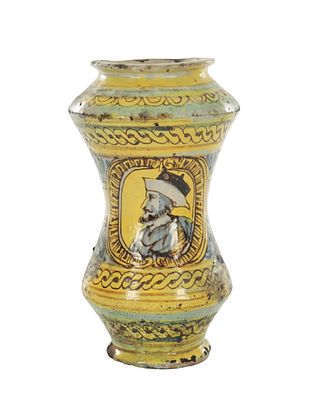 A SICILIAN MAIOLICA ALBARELLO JAR, painted with an oval portrait of a gentleman, the reverse 