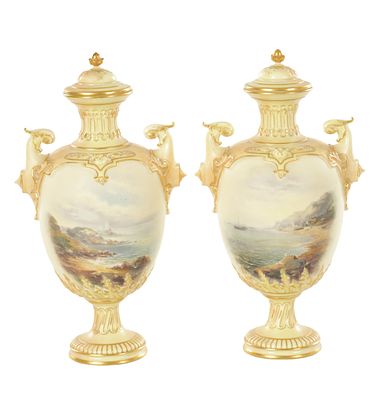 A PAIR OF LATE 19TH CENTURY ROYAL WORCESTER CABINET VASES BY EDWIN SALTER, having gilt 