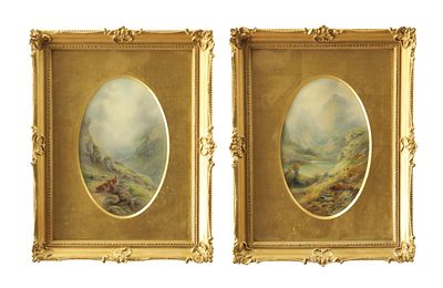 JAMES STINTON. A PAIR OF ROYAL WORCESTER FRAMED OVAL PORCELAIN PLAQUES, finely painted with 