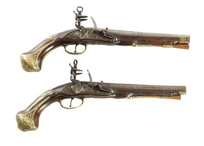 IH DEOP. A PAIR OF 18TH CENTURY SPANISH FLINTLOCK HOLSTER PISTOLS, each with an octagonal 