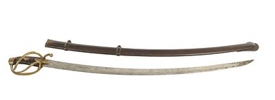 A 19TH CENTURY RUSSIAN HEAVY CAVALRY SWORD having a curved single-edged blade, signed on spine 