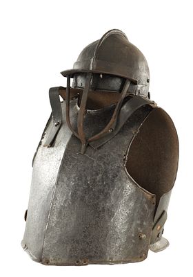 A CROMWELLIAN HARQUBUSIER'S ARMOUR comprising a frontplate, backplate and helmet. (39.5cm high 