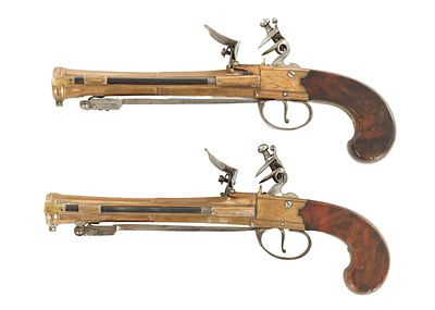 WHEELER. A GOOD PAIR OF EARLY 19TH CENTURY BRONZE FRAMED BOXLOCK BLUNDERBUSS PISTOLS WITH UNDER 