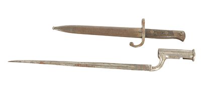 TWO WWI BAYONETS comprising a Belgian bayonet with a wooden grip and a steel scabbard, the 