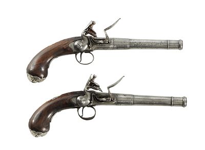 WILSON, LONDON. A RARE PAIR OF 18TH CENTURY FLINTLOCK SILVER-MOUNTED 'QUEEN-ANNE' PISTOLS each 