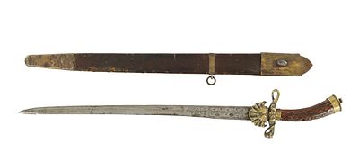 AN 18TH GERMAN HUNTING DAGGER having a stag horn handle and an engraved steel blade with 