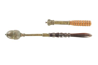 TWO 19TH CENTURY TIPSTAFFS the larger having a turned mahogany handle and large brass acorn tip 