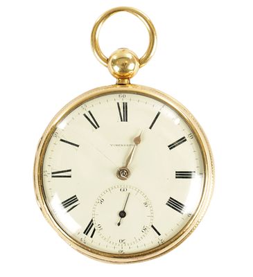 J. JOHNSON, LIVERPOOL. AN 18CT GOLD OPEN FACED POCKET WATCH, engine turned case enclosing an 