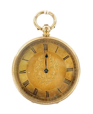 AN 18CT GOLD FOB WATCH, the case having foliate engraved and engine turned decoration 