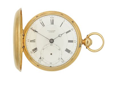 VULLIAMY, LONDON. A 19TH CENTURY 18CT GOLD FULL HUNTER POCKET WATCH, the engine turned case 