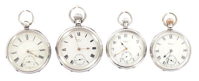 A COLLECTION OF FOUR AMERICAN SILVER CASED WALTHAM OPEN FACED POCKET WATCHES, all having 
