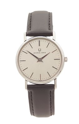 A MID 20TH CENTURY STAINLESS STEEL UNIVERSAL GENEVE WRISTWATCH the round case enclosing a 