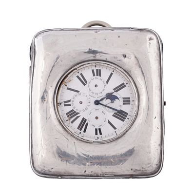 THE LATE 19TH CENTURY SWISS GOLIATH DESK WATCH, the nickel case enclosing a 6cm enamel dial 
