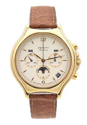 A GENTLEMAN'S GOLD PLATED AUTOMATIC ZENITH ACADEMY TRIPLE CALENDAR CHRONOGRAPH WRISTWATCH on 