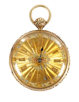 JOHN HELSBY, LIVERPOOL. AN 18CT GOLD OPEN FACED POCKET WATCH, chased scrollwork case with 