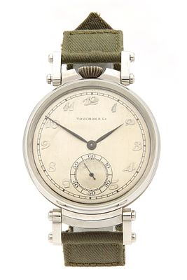 A GENTLEMAN'S STAINLESS STEEL TOUCHON (SWISS) WRISTWATCH WITH POCKET WATCH MOVEMENT the pocket 