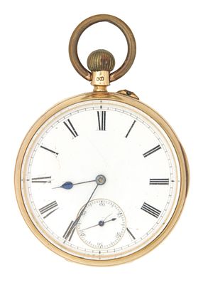 AN 18CT GOLD OPEN FACED POCKET WATCH, having a white enamel dial and Swiss keyless wound 