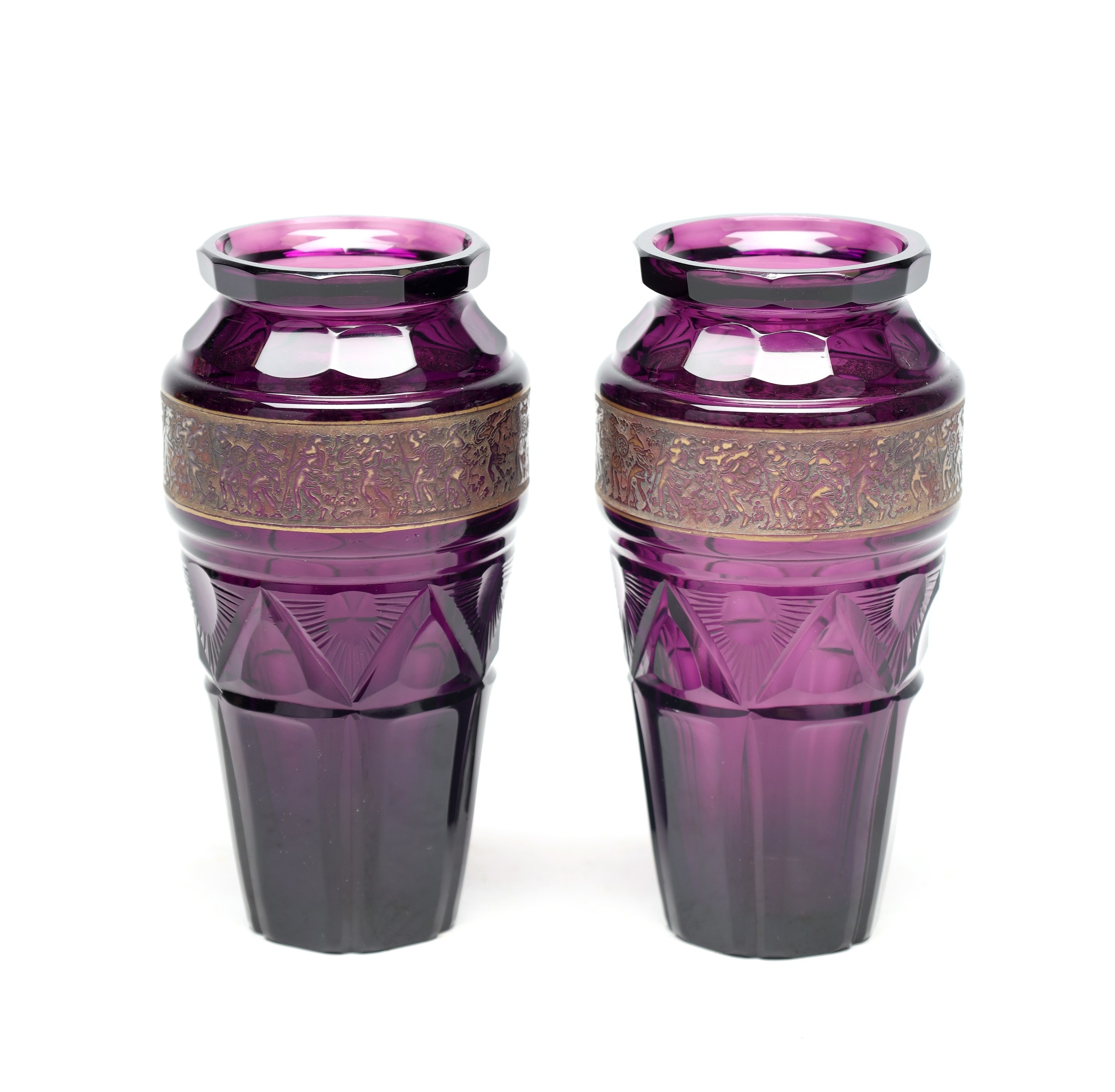 A PAIR OF MOSER AMETHYST GLASS VASES of tapering faceted form with gilt metal