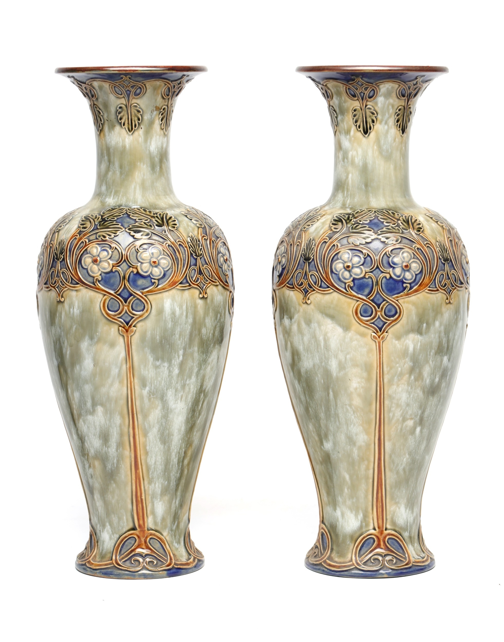 A PAIR OF LATE 19TH/EARLY 20TH CENTURY ROYAL DOULTON LAMBETH STONEWARE VASES