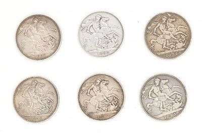 A COLLECTION OF SIX VICTORIAN SILVER CROWNS dated 1887, 1890, 1892 and 1893, each with St 
