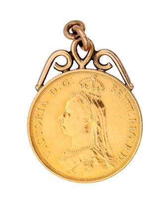 AN 1887 GOLD TWO POUND PIECE WITH 9CT GOLD MOUNT with scrollwork suspension loop. Total weight 